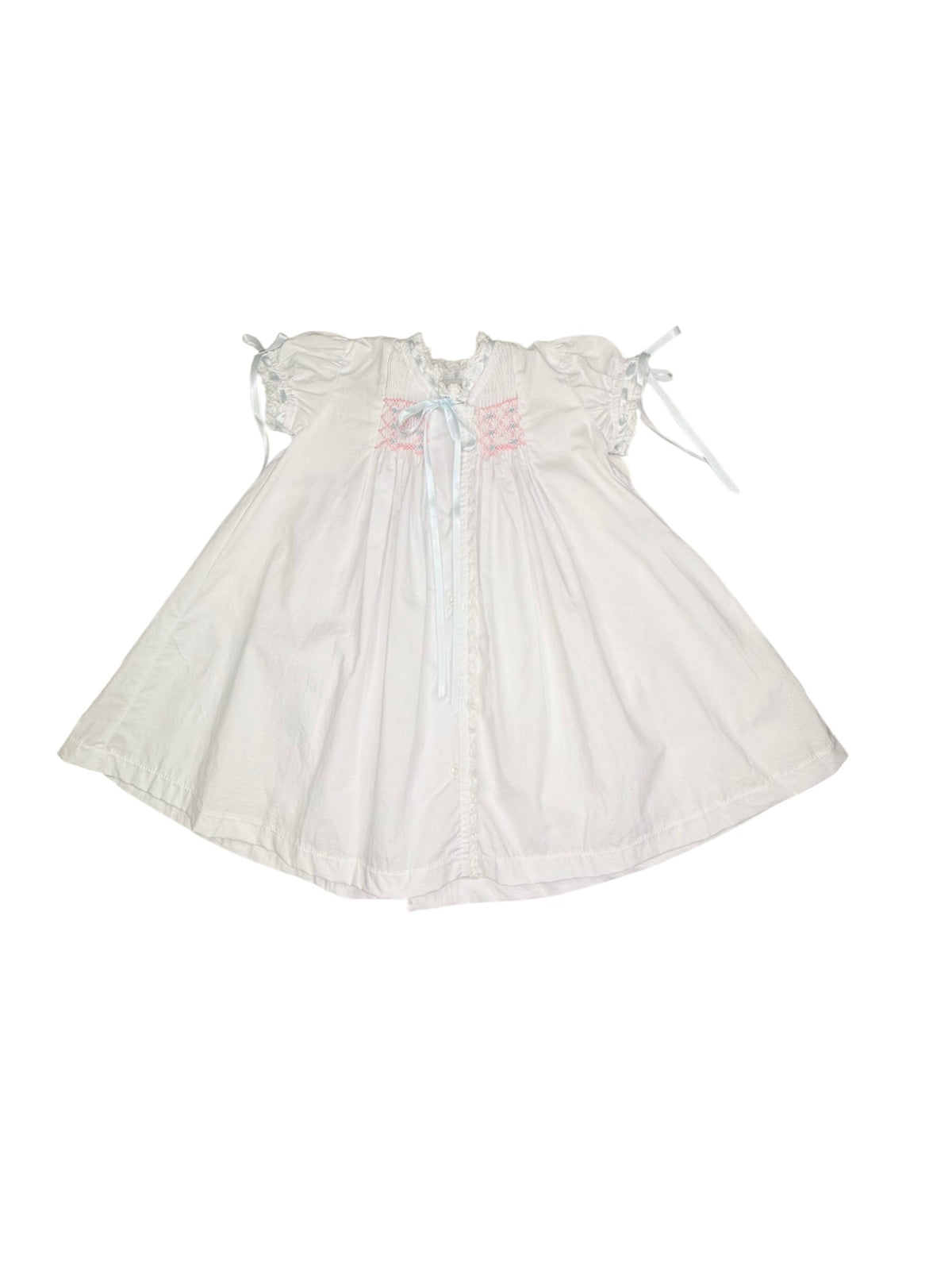 Heirloom Smocked Day Gown - White Batiste w Blue & Pink Smocking (SS27)