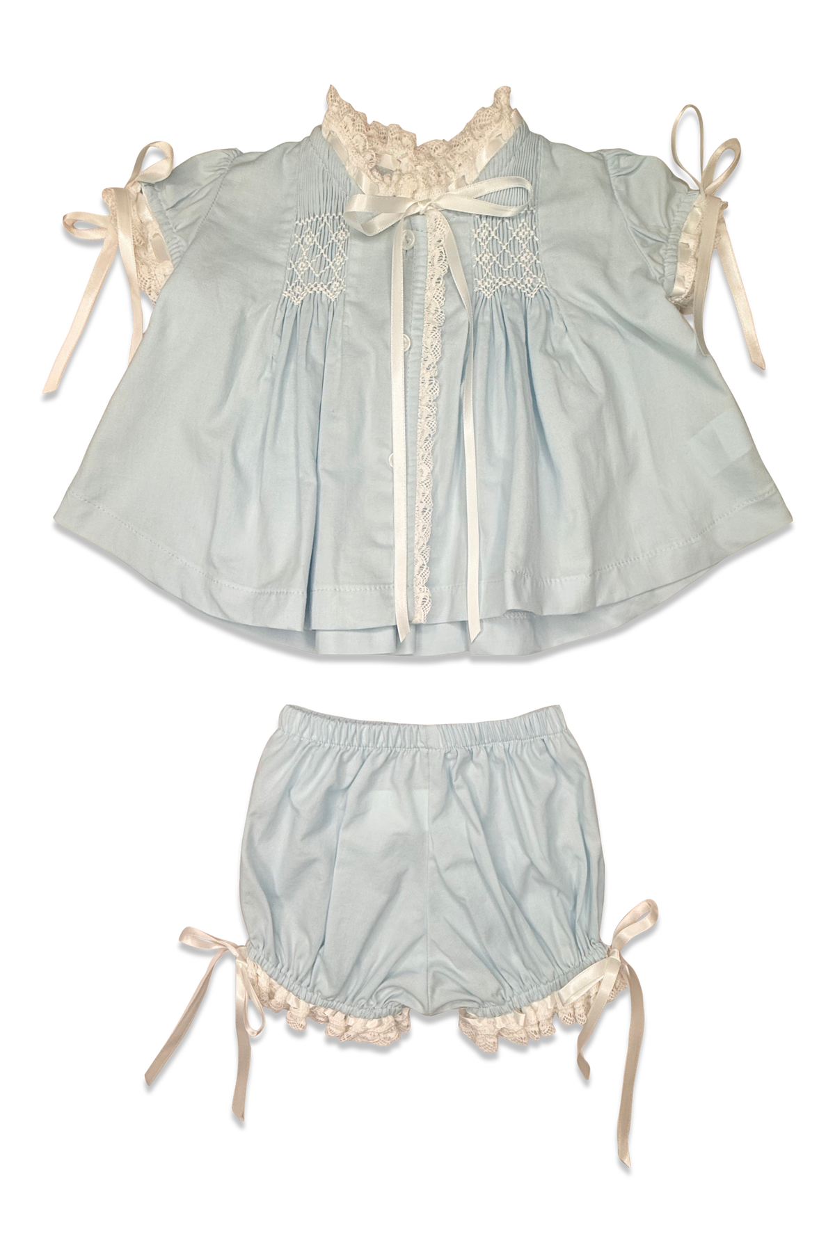 Girls Heirloom Bloomer Set - Blue Batiste w/ White Smocking & Satin Ribbon