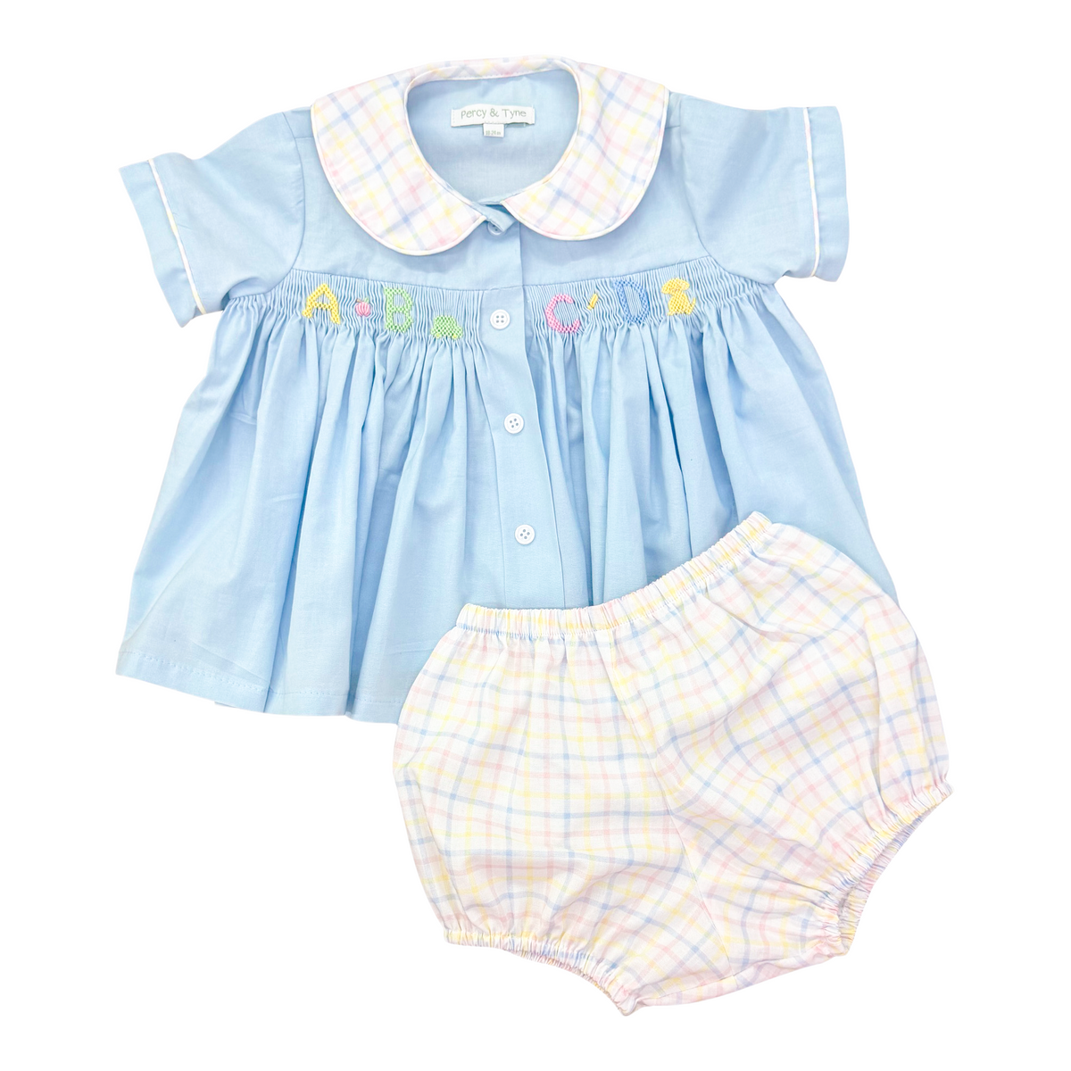 Rhys Smocked Bloomer Set - Primary Plaid w/ ABC Smocking