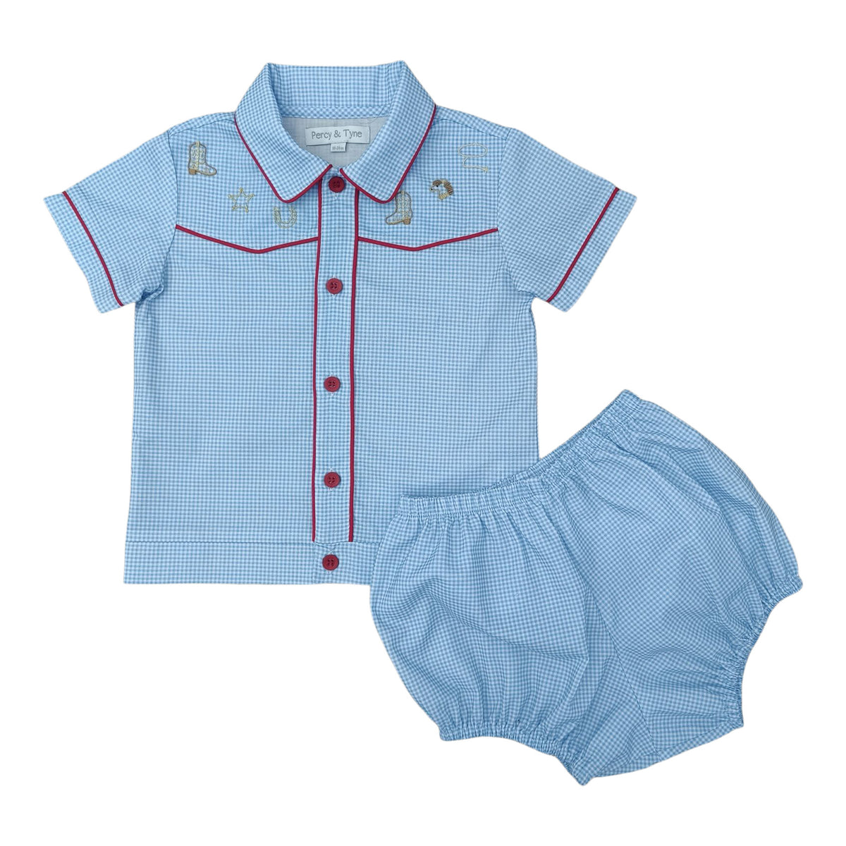 Rogers Bloomer Set - Blue Gingham w/ Cowboy Embroideries