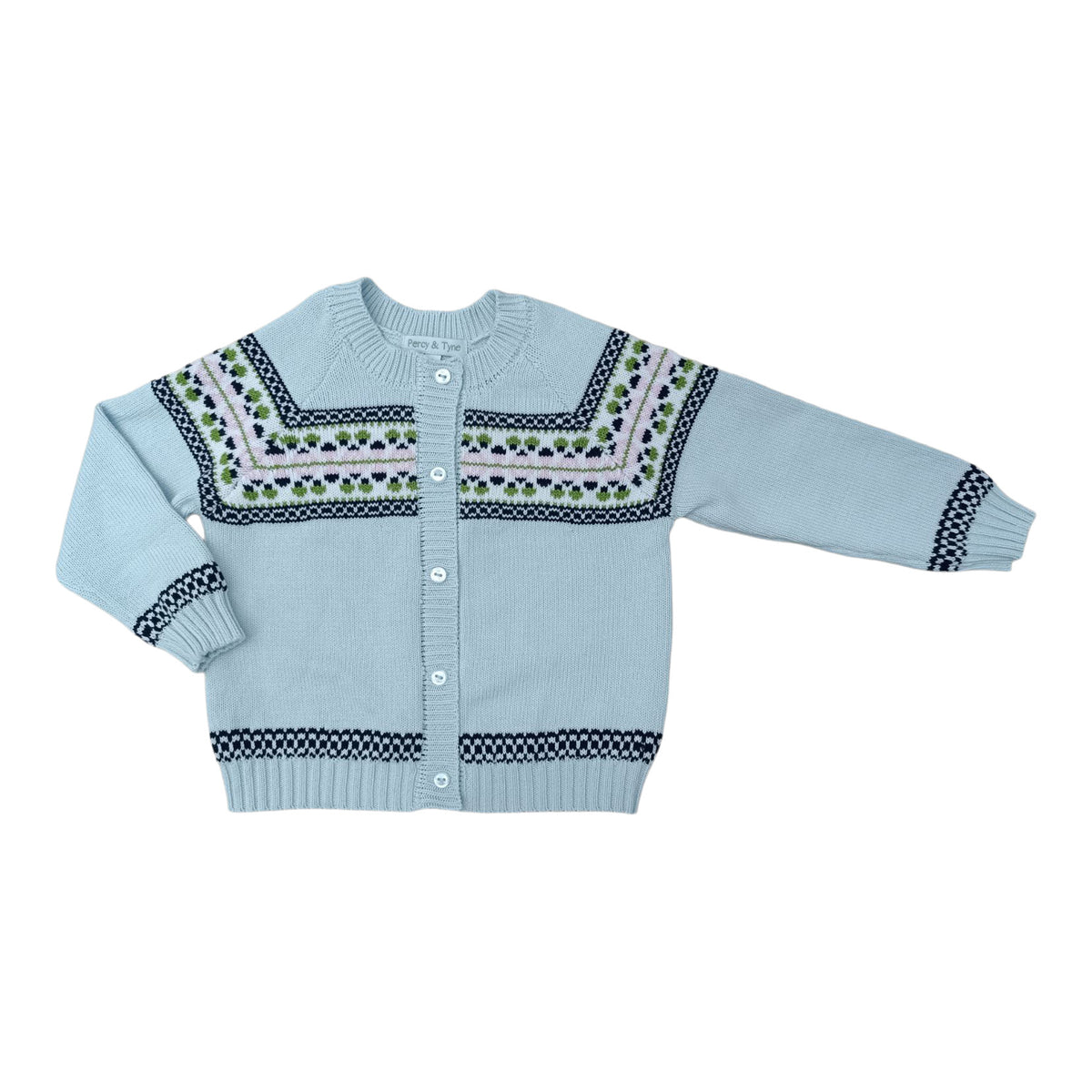 Girls Fair Isle Cardigan And Beret - Baby Blue Sweater W Navy, Sage, And Pink Stitching