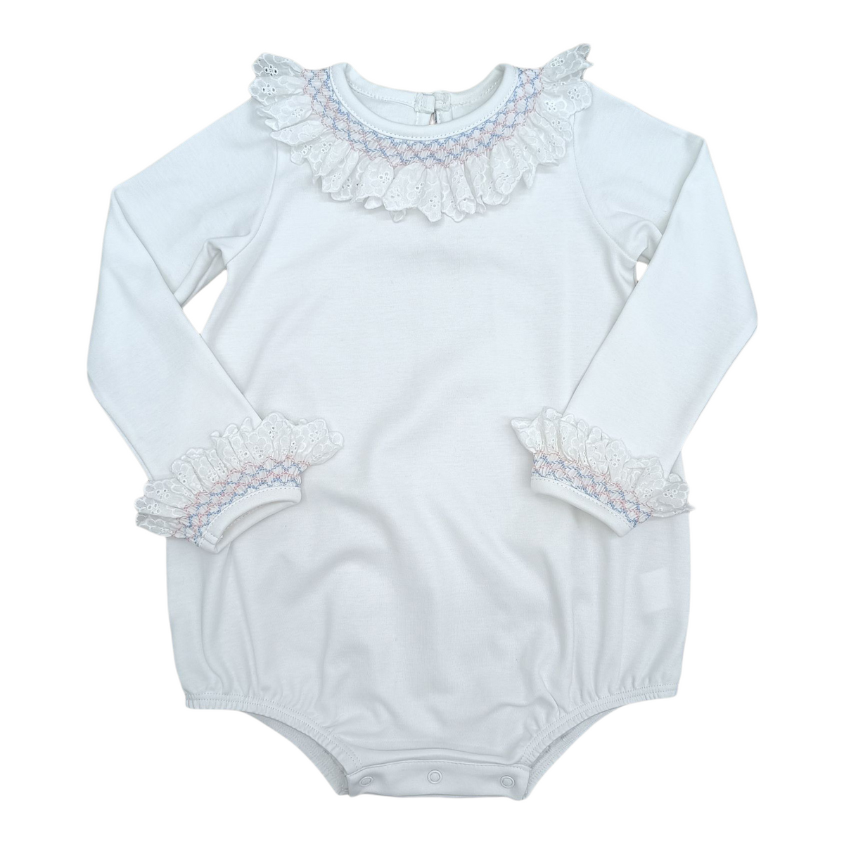 L/S Ruthie Onesie - White Pima w/ Primrose Pink & Alice Blue Smocking