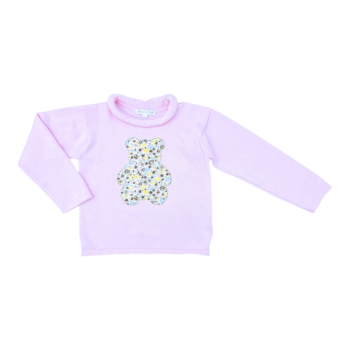 Roll Neck Sweater - Primrose Pink Sweater W Paddington Floral Teddy Bear Applique