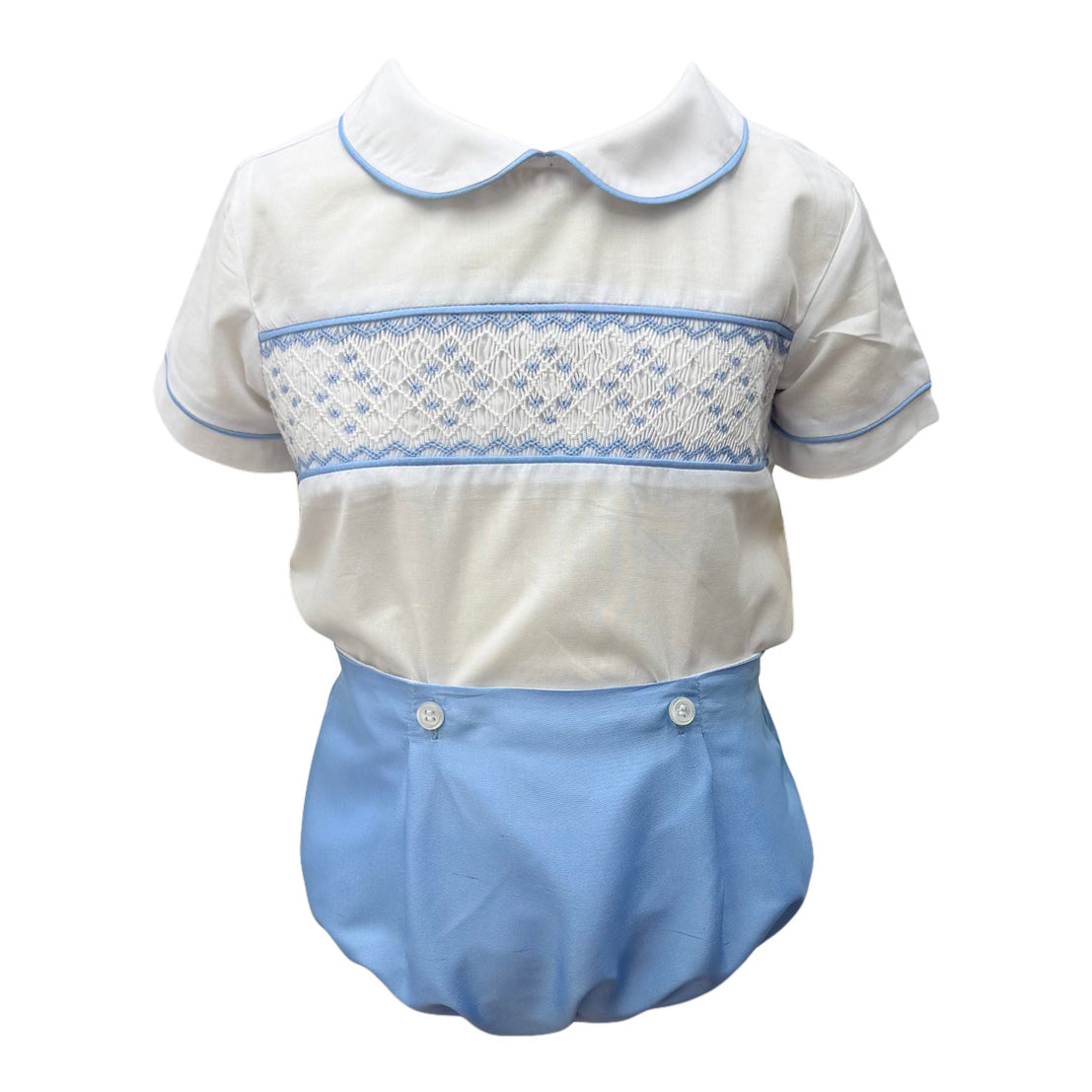 Heirloom Smocked Bloomer Set - White Batiste w/ Noel Blue Silk