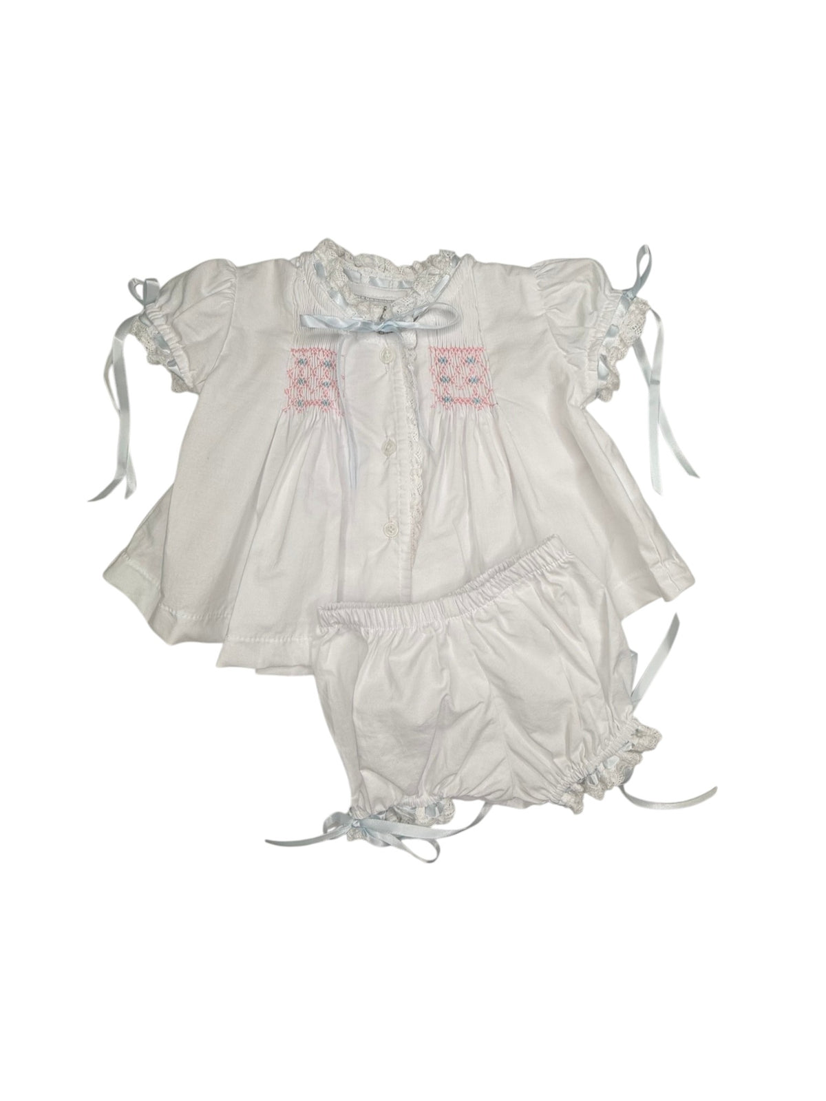 Heirloom Smocked Bloomer Set - White Batiste w Blue & Pink Smocking (SS27)