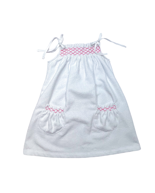 Smocked Tie Dress - White Terry w/ Pink Smocking