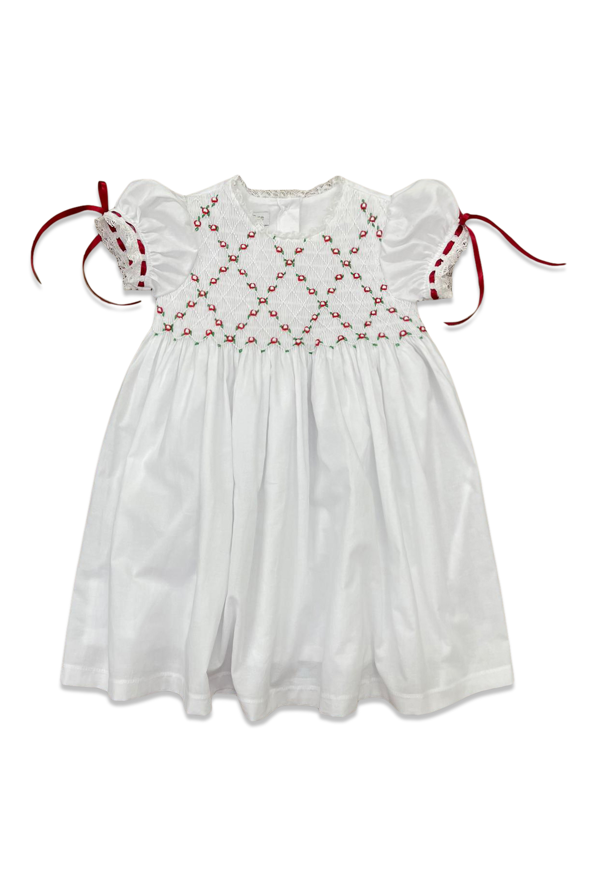 Heirloom Smocked Dress - White Batiste w/ Red & Green