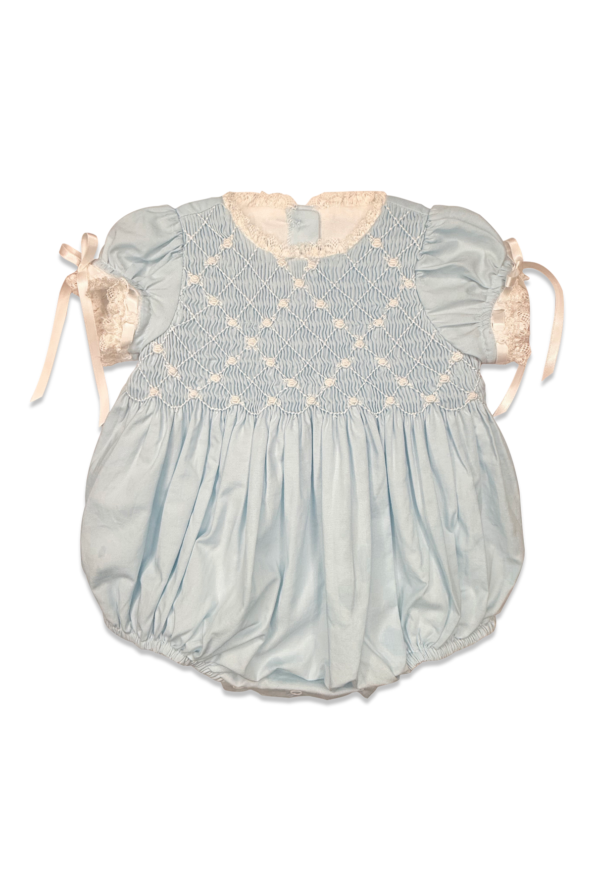 Girls Heirloom Bubble - Blue Batiste w/ White Smocking & Satin Ribbon
