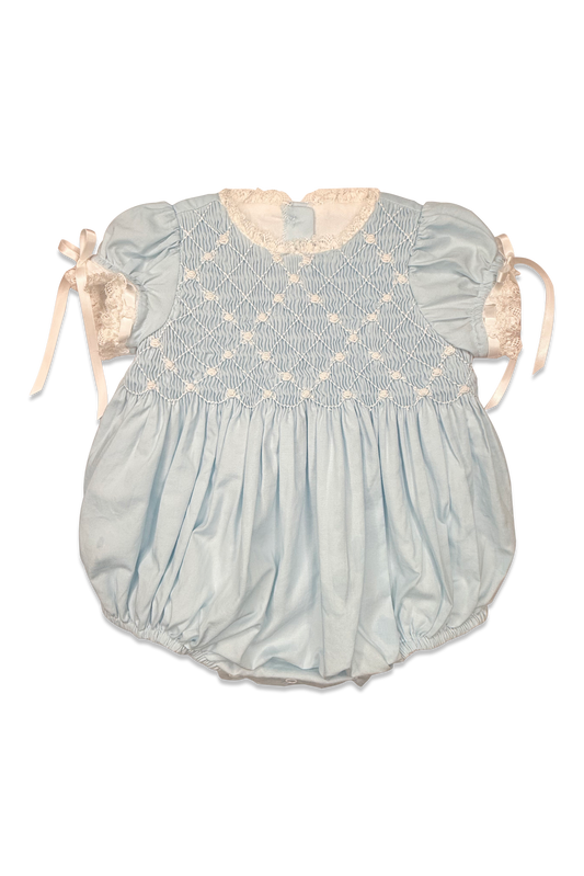 Girls Heirloom Bubble - Blue Batiste w/ White Smocking & Satin Ribbon