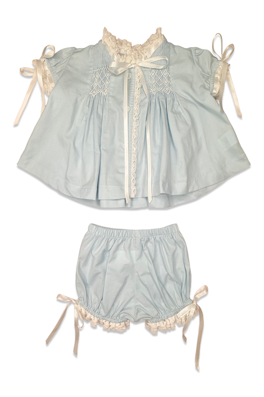 Girls Heirloom Bloomer Set - Blue Batiste w/ White Smocking & Satin Ribbon
