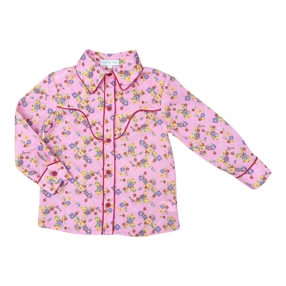 Girls Western Shirt - Feedsack Floral w/ Red Piping