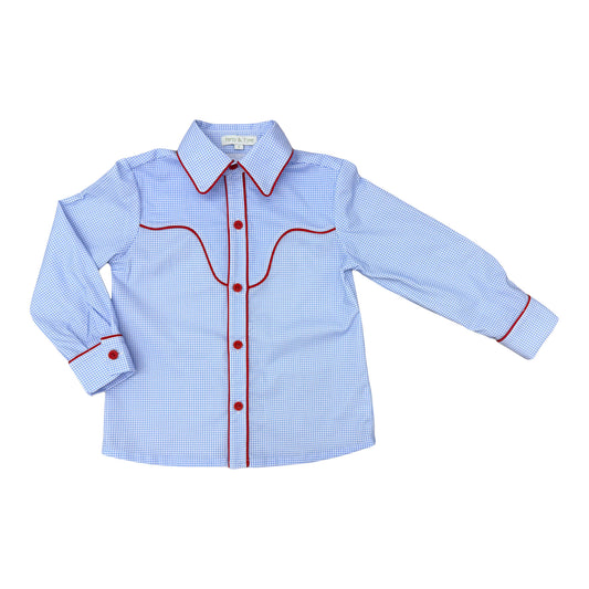 Boys Western Shirt - Blue Gingham w/ Red Piping