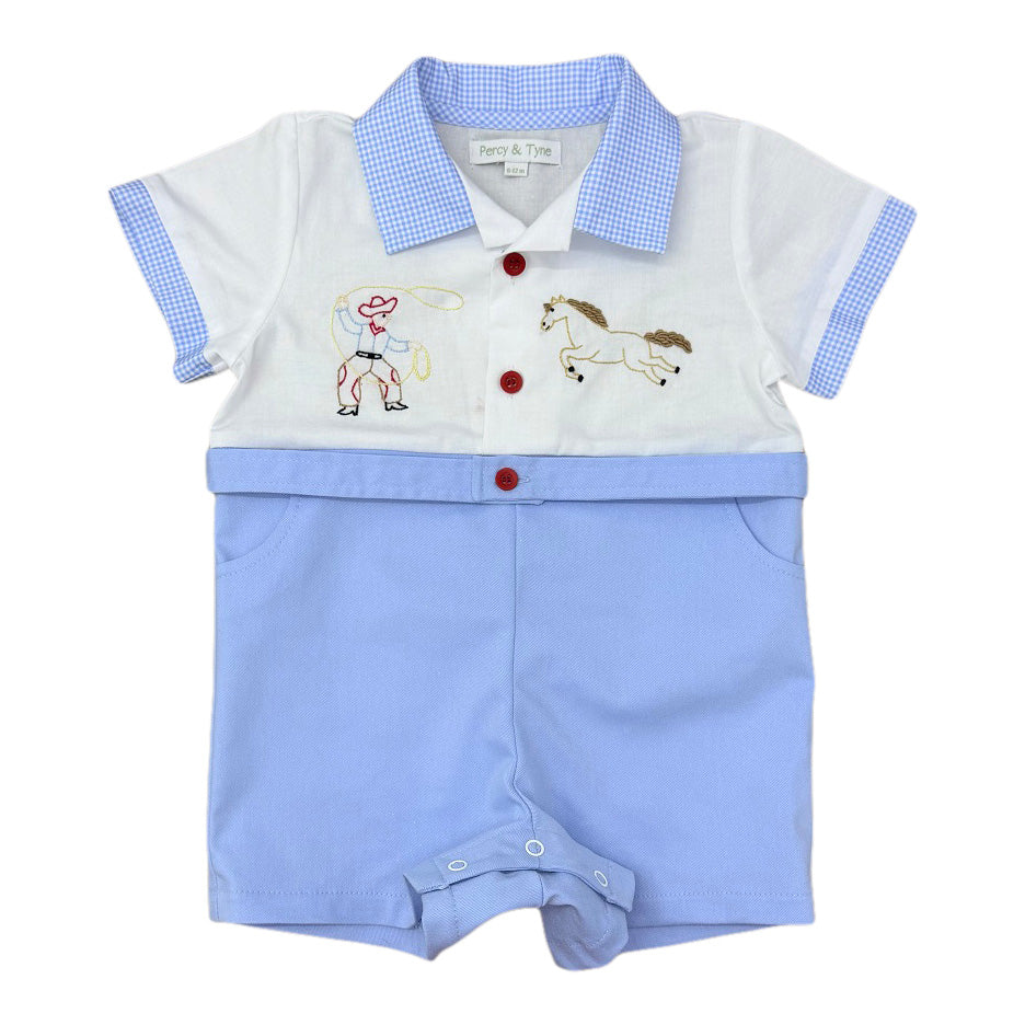 Jed Romper - Baby Blue & White Twill w/ Rodeo Embroidery