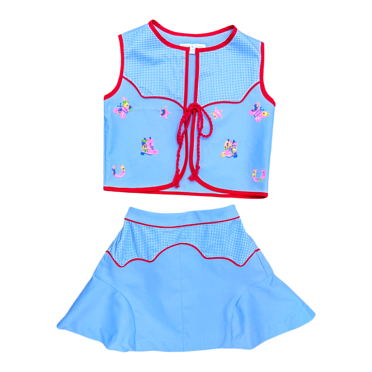 Oakley Vest And Skirt - Baby Blue Twill & Blue Gingham w/ Cowgirl Appliques