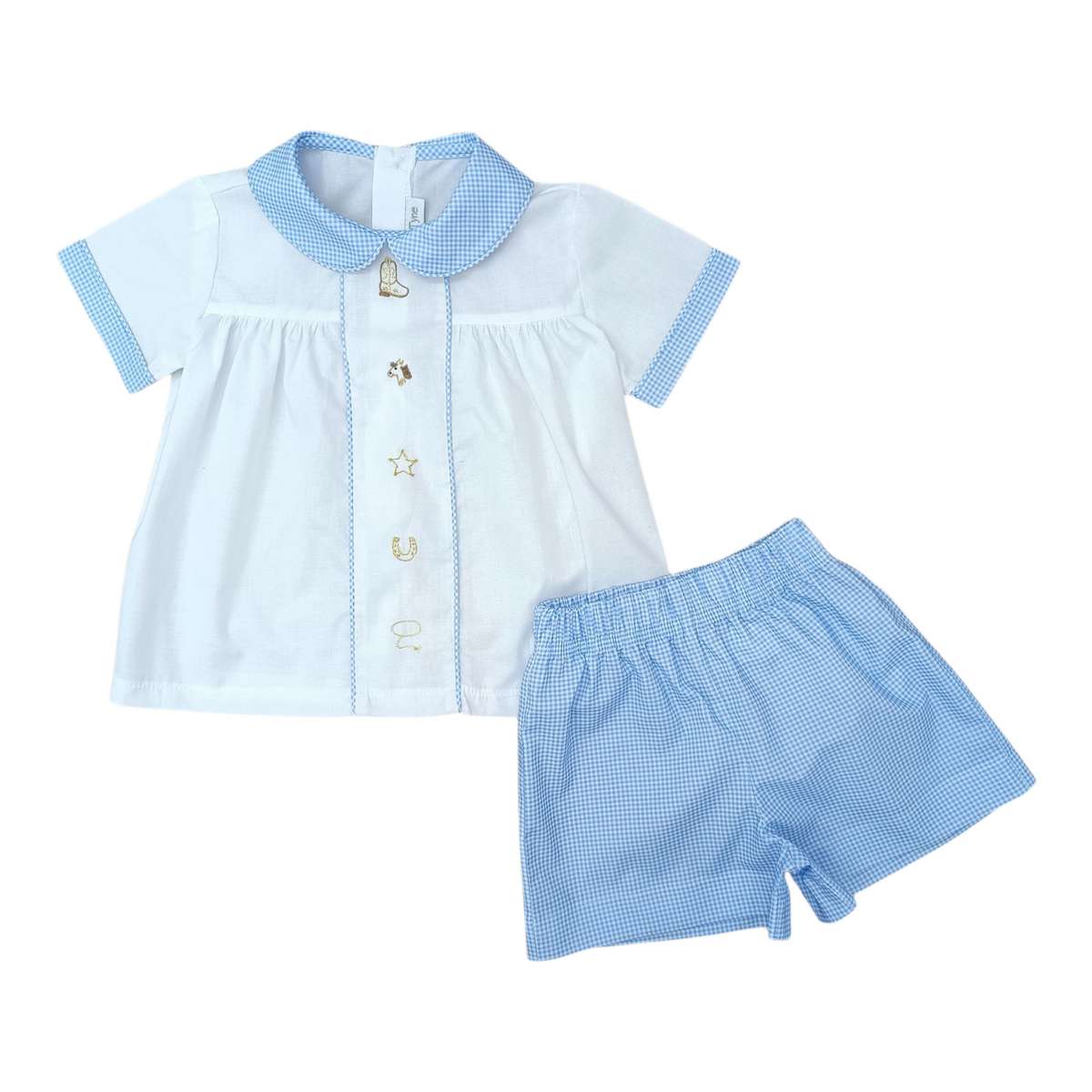 Clark Short Set - White w/ Blue Gingham & Cowboy Embroideries