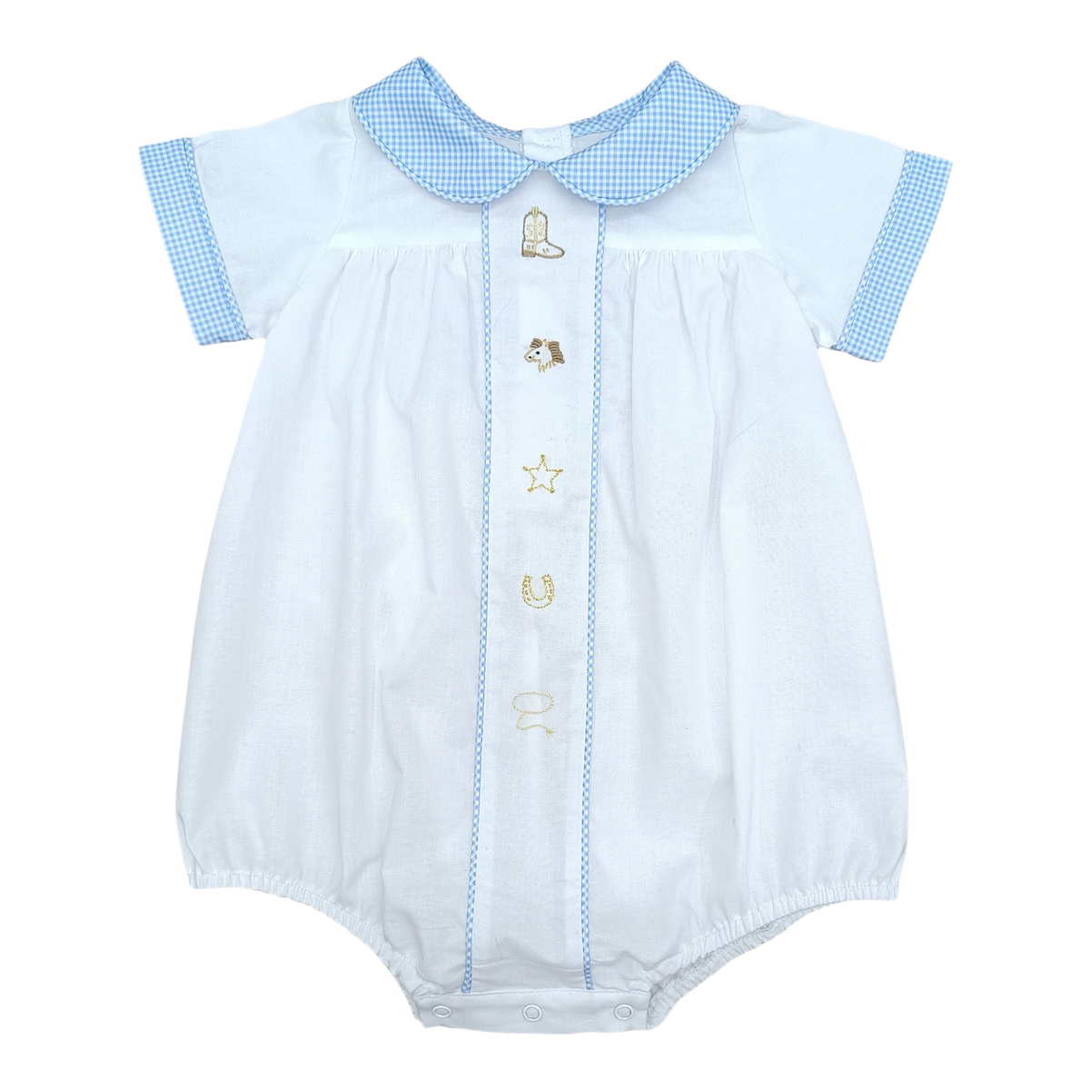 Clark Bubble - White w/ Blue Gingham & Cowboy Embroideries