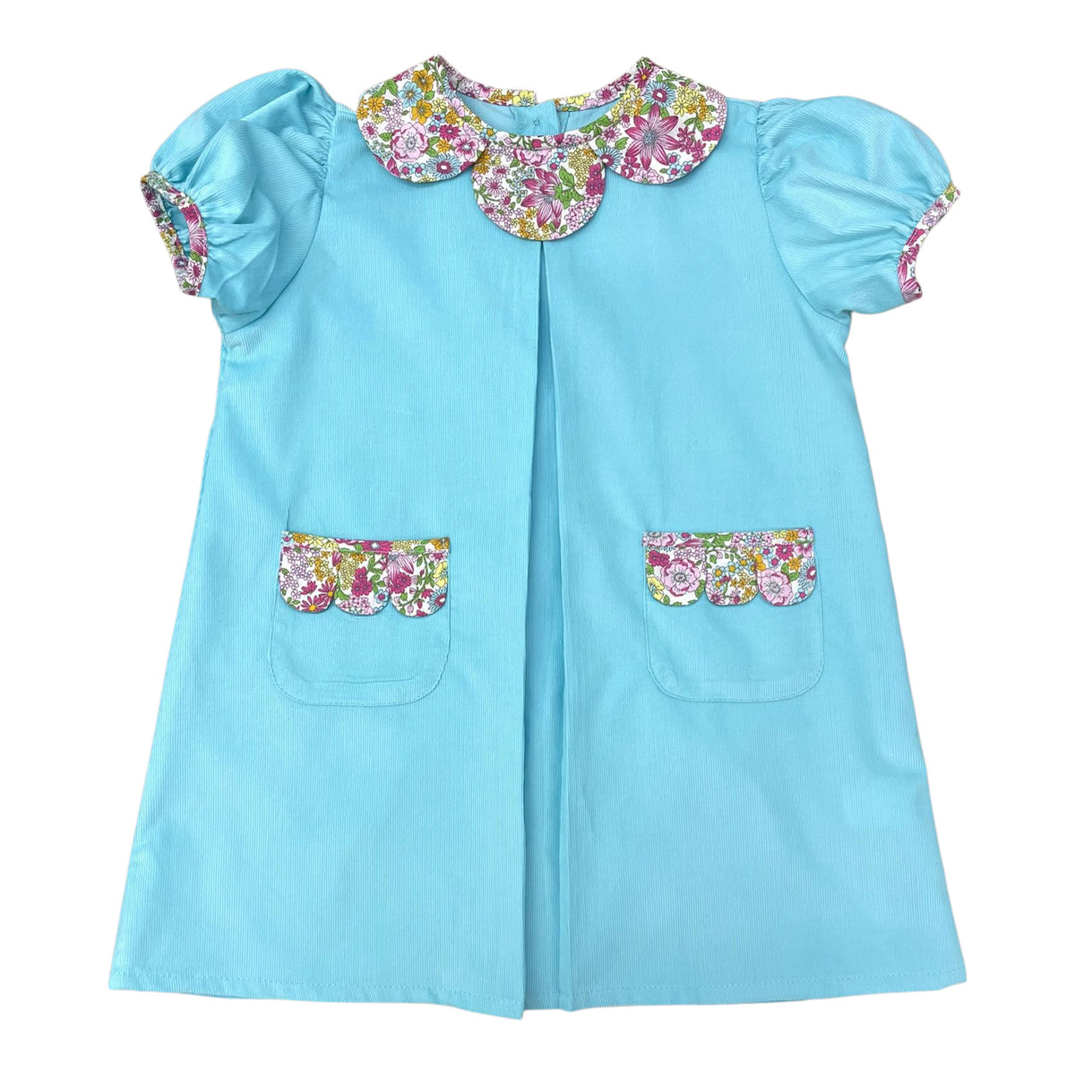 Blair Dress - Aqua Corduroy w/ Mira Floral Trim