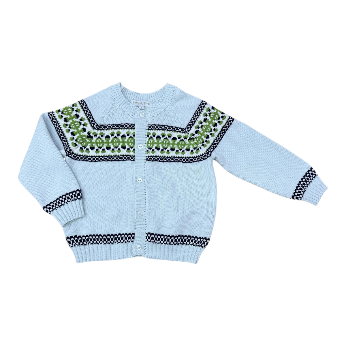 Boys Fair Isle Cardigan And Hat - Baby Blue Sweater W Navy, Sage, And White Stitching