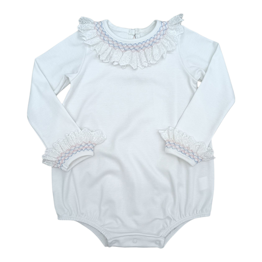 L/S Ruthie Onesie - White Pima w/ Primrose Pink & Alice Blue Smocking