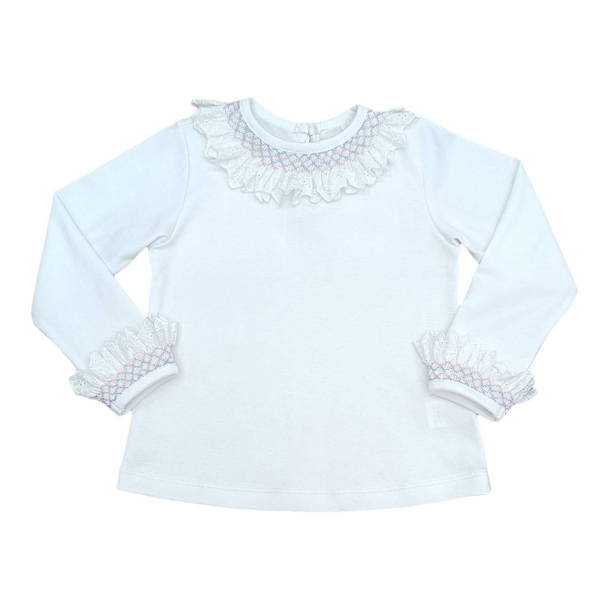 L/S Ruthie Shirt - White Pima w/ Primrose Pink & Alice Blue Smocking