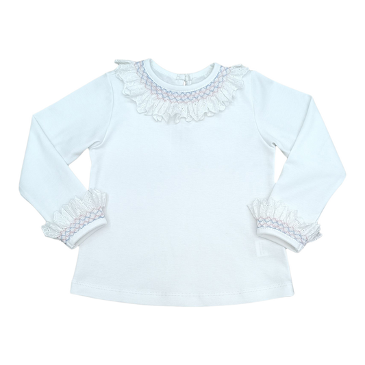 L/S Ruthie Shirt - White Pima w/ Primrose Pink & Alice Blue Smocking