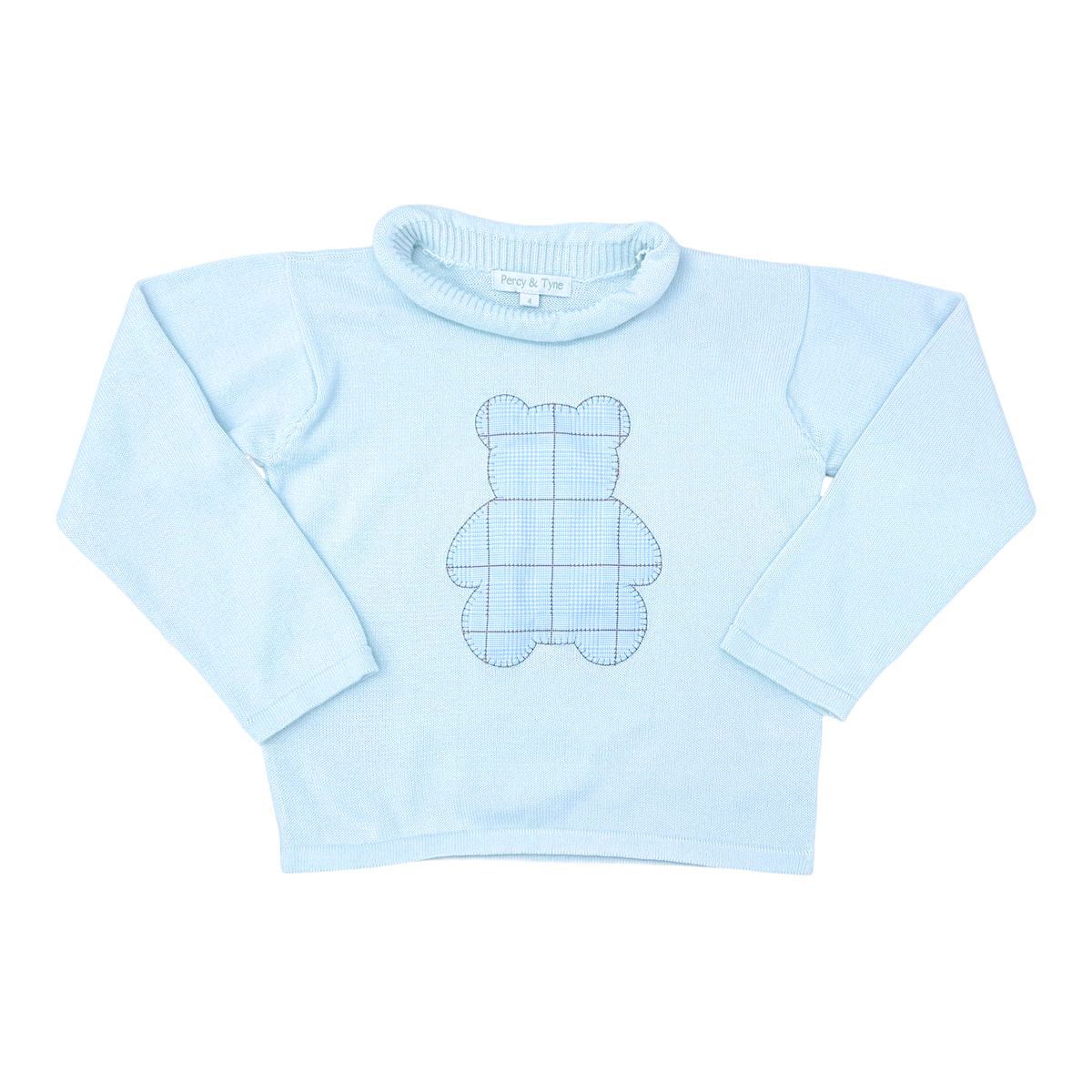 Roll Neck Sweater - Alice Blue Sweater W Piccadilly Plaid Teddy Bear Applique