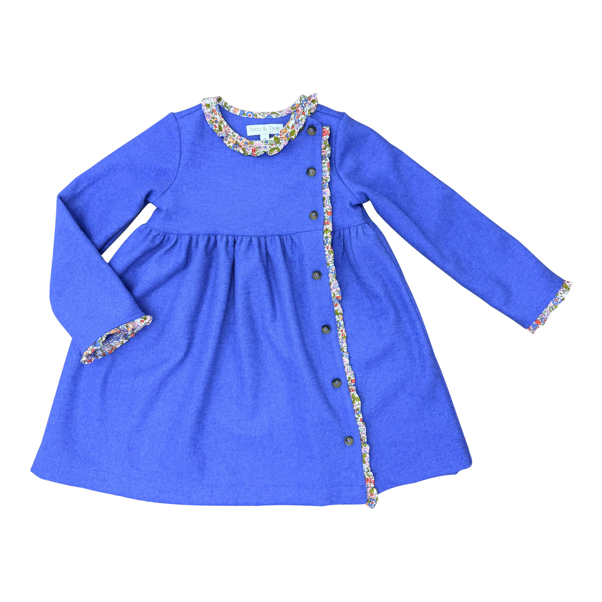 Bea Dress - Blue Wool w/ Pheasant Floral Ruffle