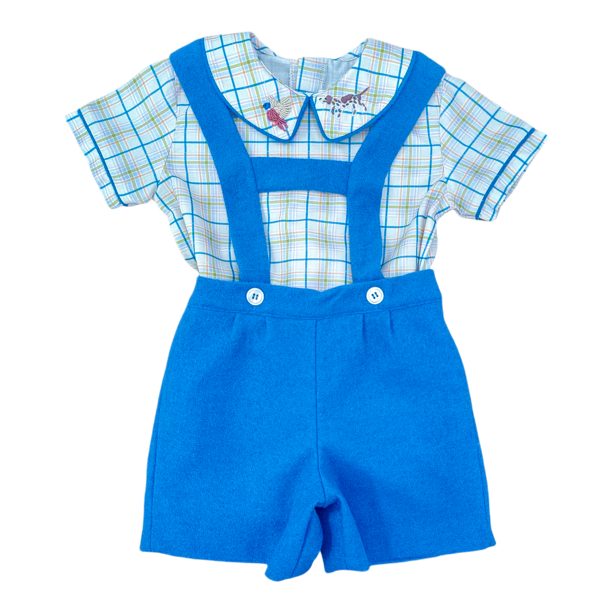 Walker Suspender Short Set - Pointer Plaid Shirt W Pointer And Pheasant Embroidery & Blue Wool