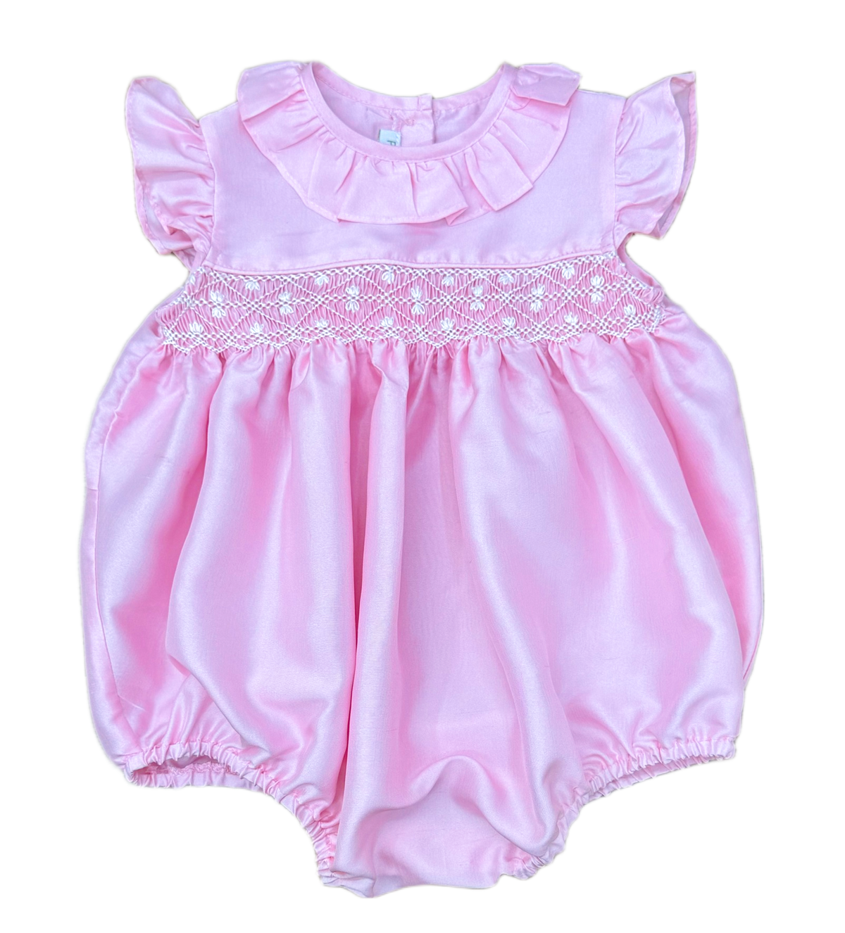 S/S Smocked Charlotte Bubble - Ballet Pink Silk \w/ White Smocking (Copy) (Copy)