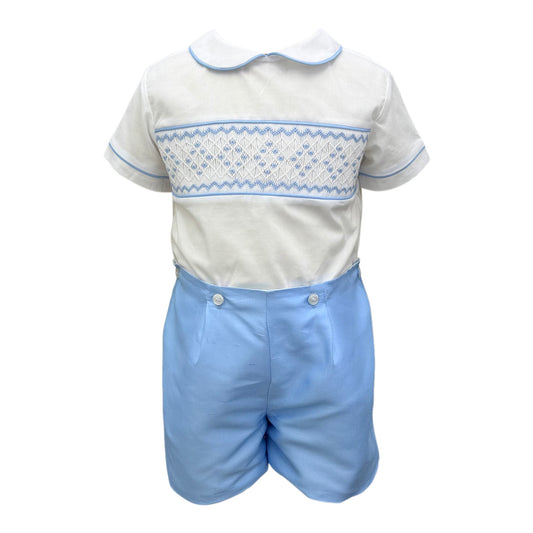 Heirloom Smocked Short Set - White Batiste w/ Noel Blue Silk