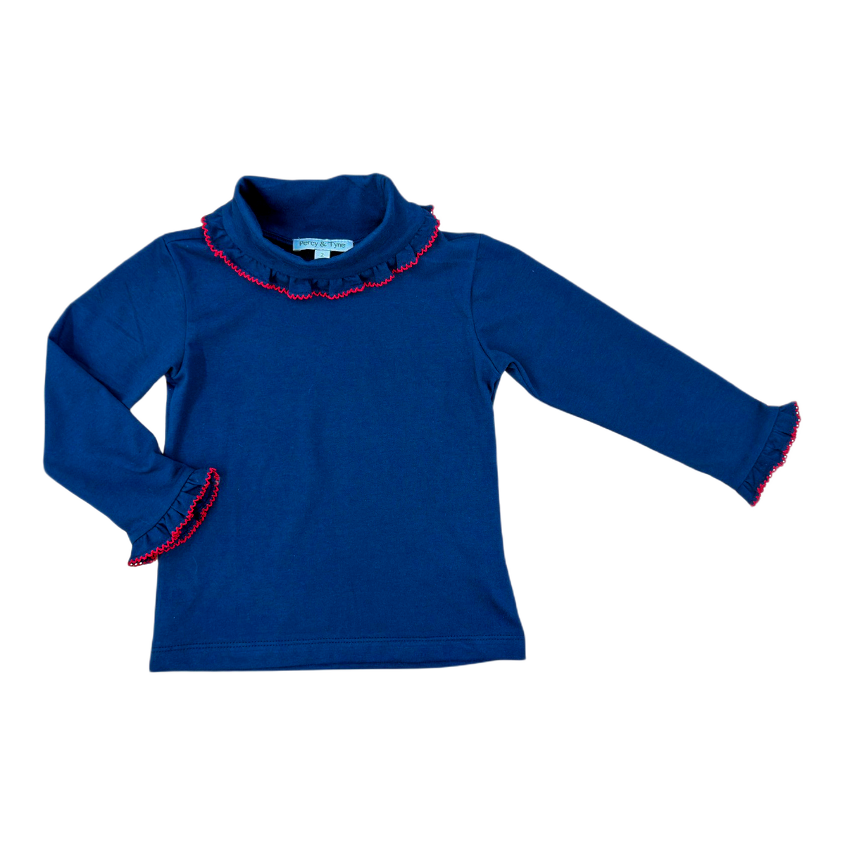 Girls Turtleneck - Navy Knit w/ Red Picot Trim