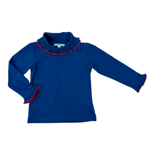 Girls Turtleneck - Navy Knit w/ Red Picot Trim