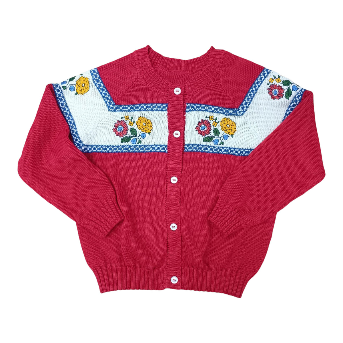 Fair Isle Cardigan - Red Knit W Orchard Blossom Stitching