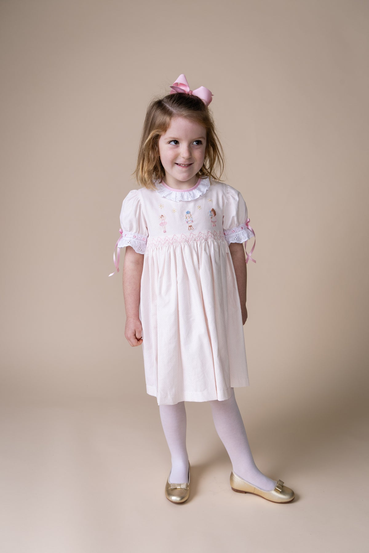 Clara Dress - Pink Bitty Dot Corduroy w/ Nutcracker Embroideries
