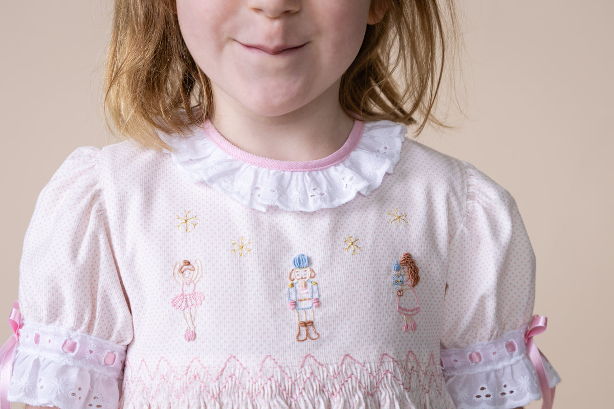 Clara Dress - Pink Bitty Dot Corduroy w/ Nutcracker Embroideries